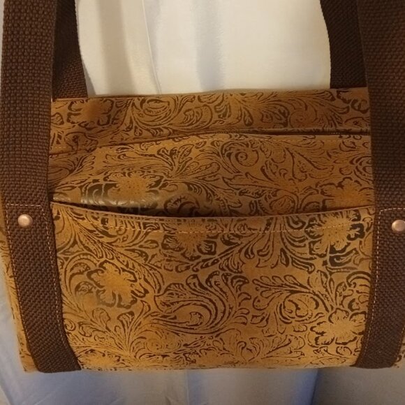 New Southwestern Velvet Tooled Brown Faux Leather Mini Duffle Tote Shoulder Bag - Picture 8 of 10